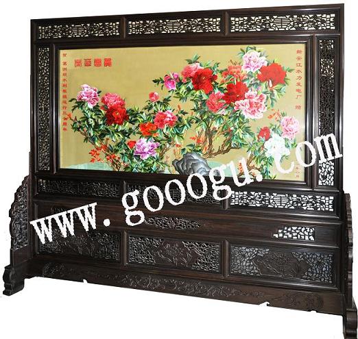 葛洲壩水利工程大廳屏風(fēng)：蘇繡屏風(fēng)，嬌古蘇繡，榮華富貴屏風(fēng)
